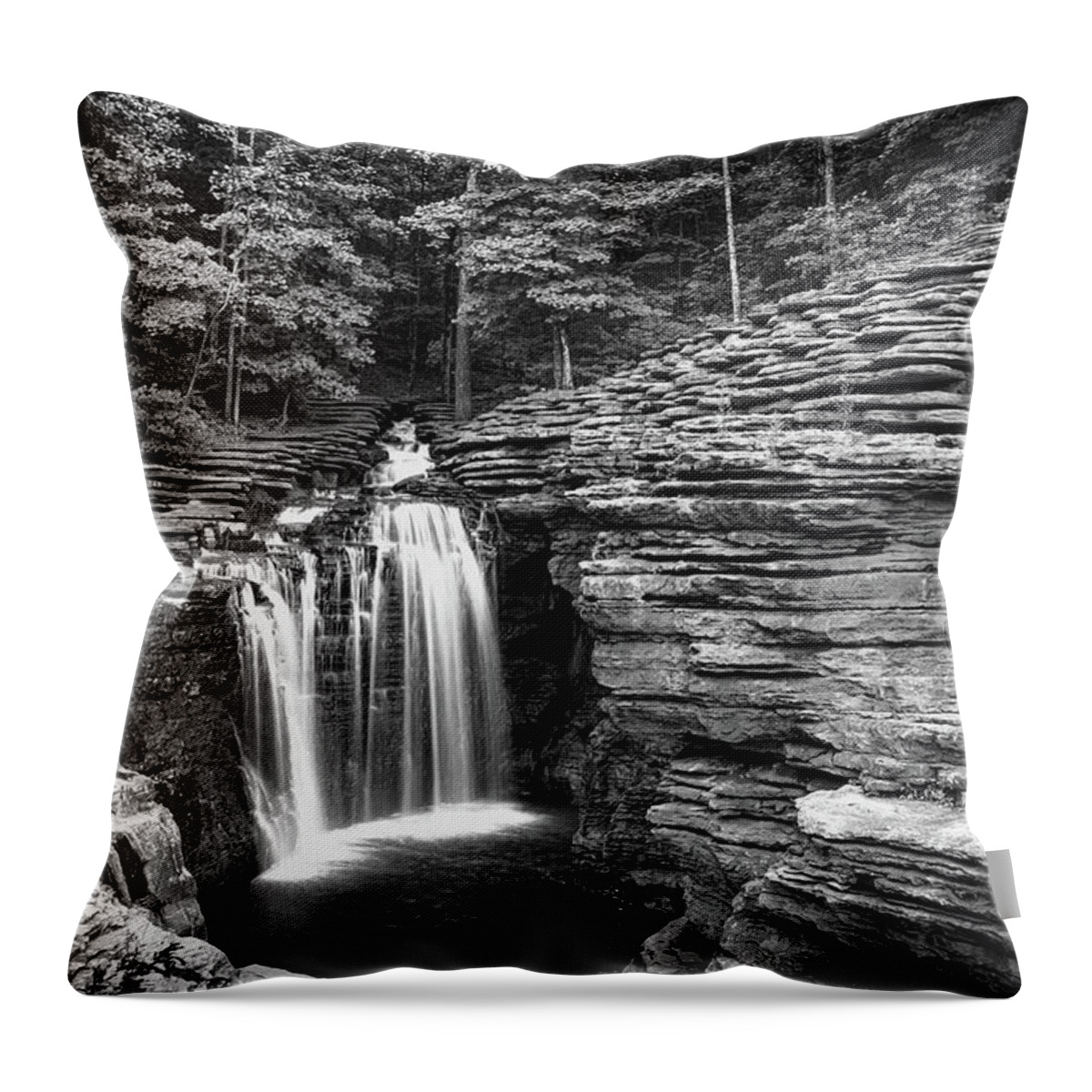 America Throw Pillow featuring the photograph Lost Canyon Falls in Black and White - Missouri Ozark Mountains by Gregory Ballos