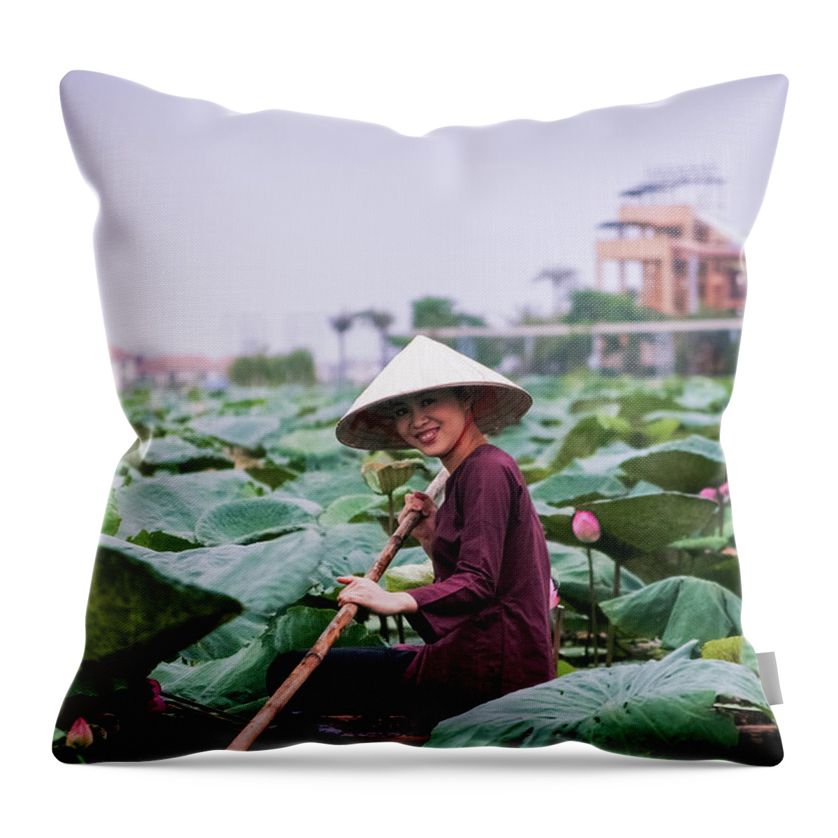Working Throw Pillow featuring the photograph Lotus Flower Harvesting - Hanoi, Vietnam by 117 Imagery