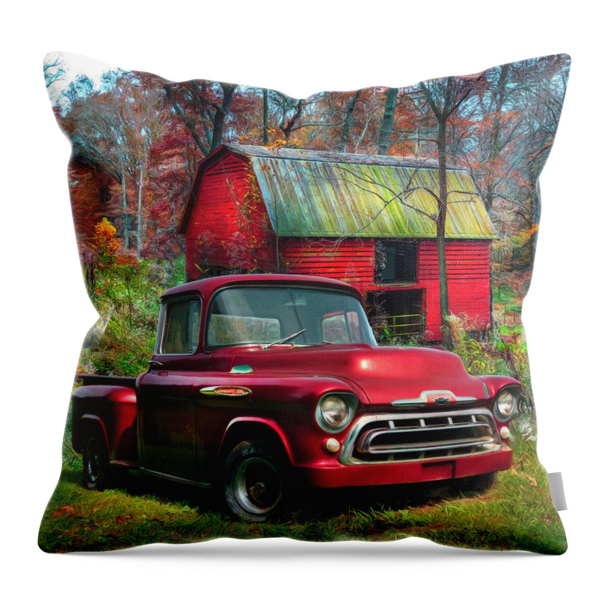 1957 Throw Pillow featuring the photograph Love that Red 1957 Chevy Truck Watercolor Painting by Debra and Dave Vanderlaan
