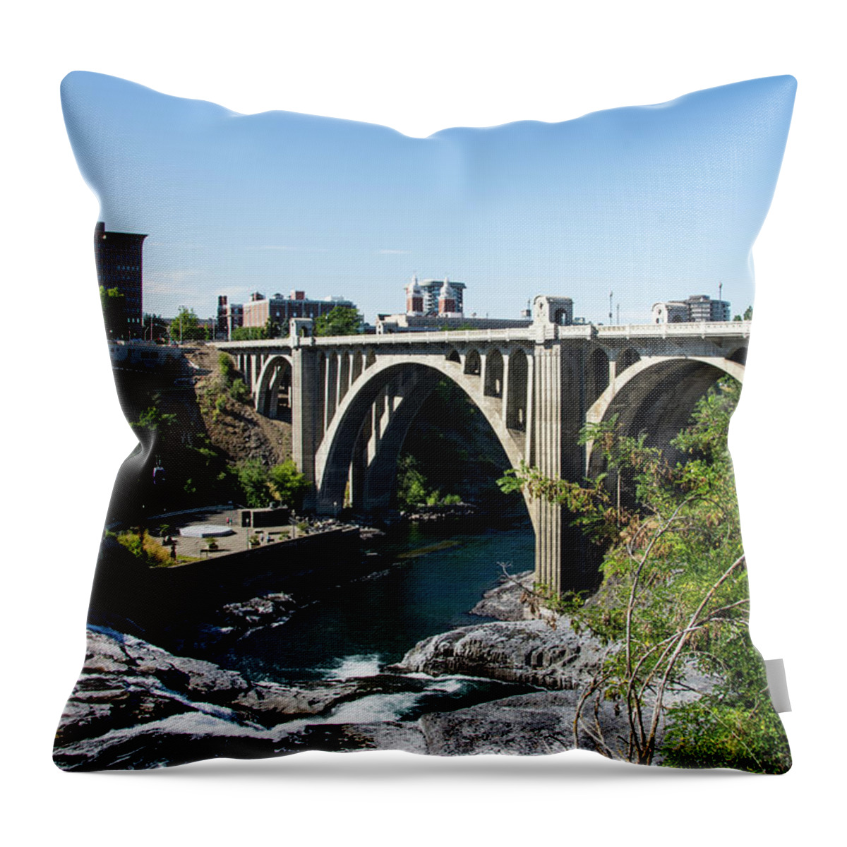Lower Falls And Monroe Street Bridge Throw Pillow featuring the photograph Lower Falls and Monroe Street Bridge by Tom Cochran