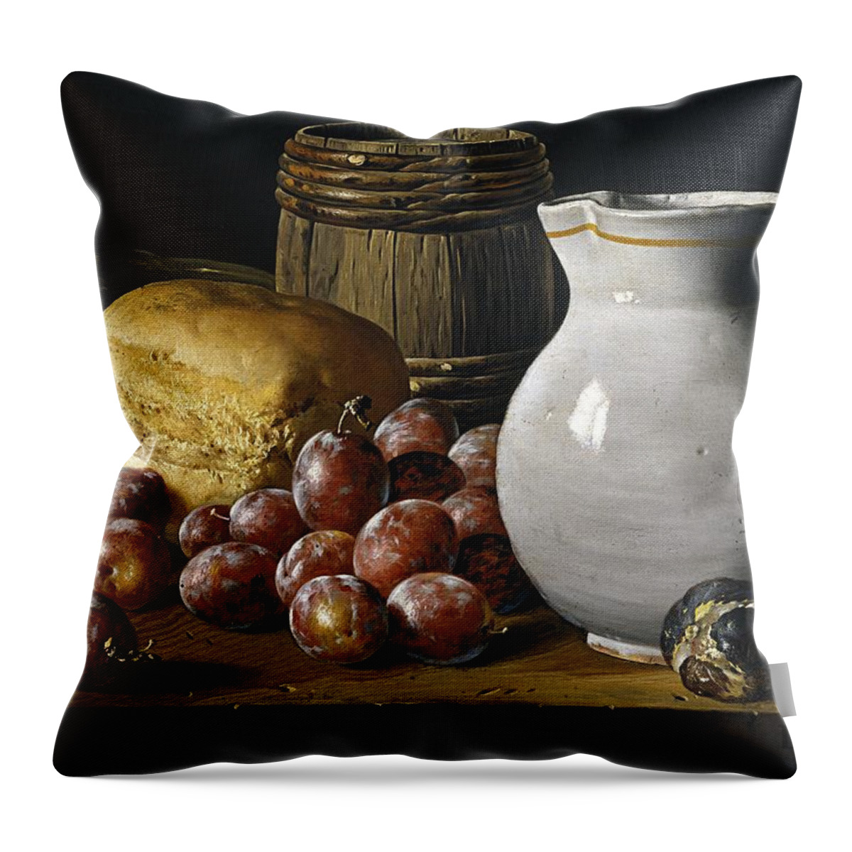 Luis Egidio Melendez Throw Pillow featuring the painting Luis Egidio Melendez / 'Still Life with Plums, Figs, Bread and Fish', 18th century, Spanish School. by Luis Melendez -1716-1780-