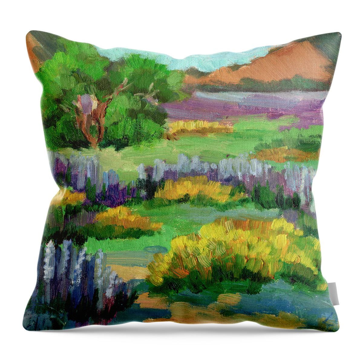 Lupine Throw Pillow featuring the painting Lupine and Desert Sunflowers at Cottonwood by Diane McClary