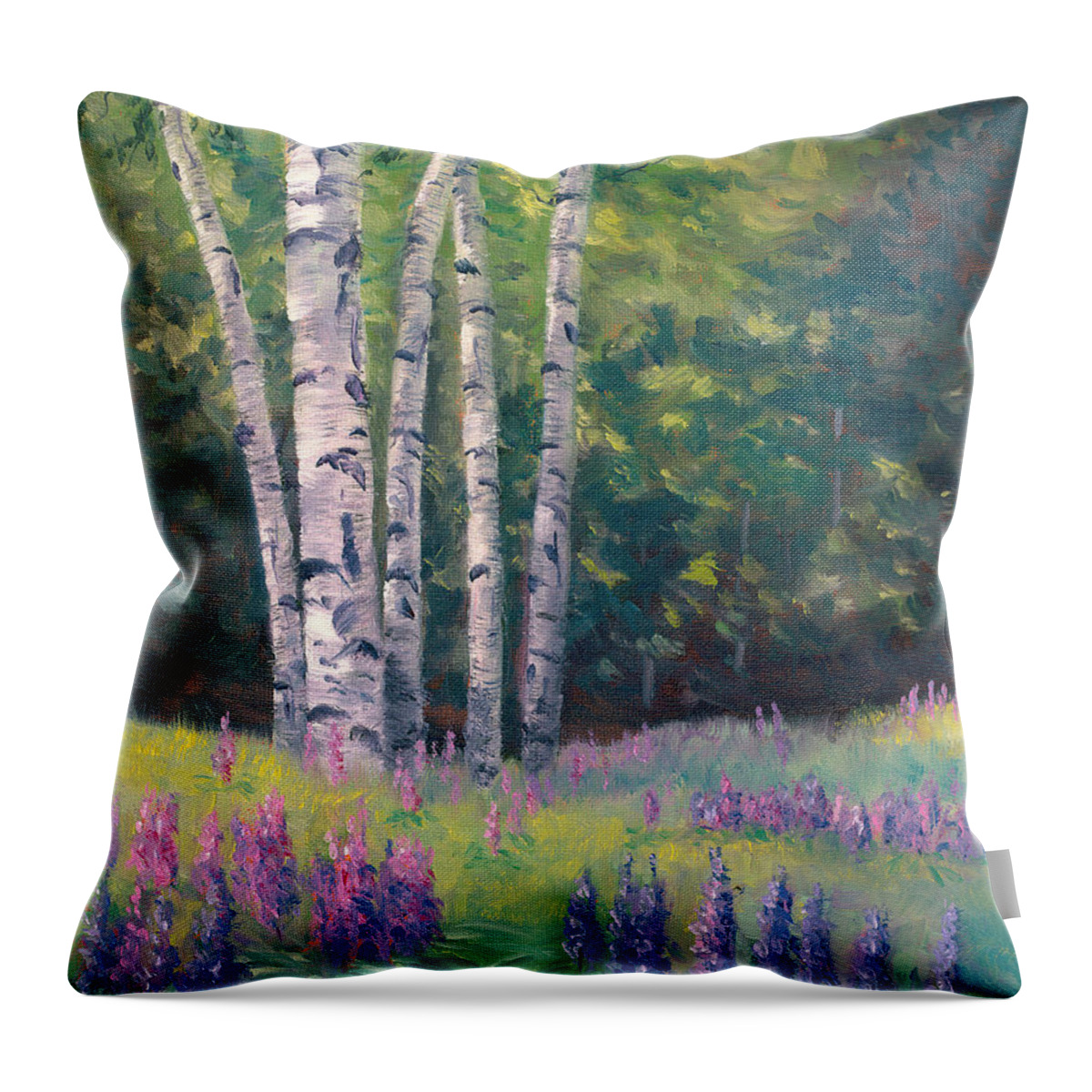 Lupine Throw Pillow featuring the painting LUPINE with BIRCH in FIELD Landscape by Elaine Farmer