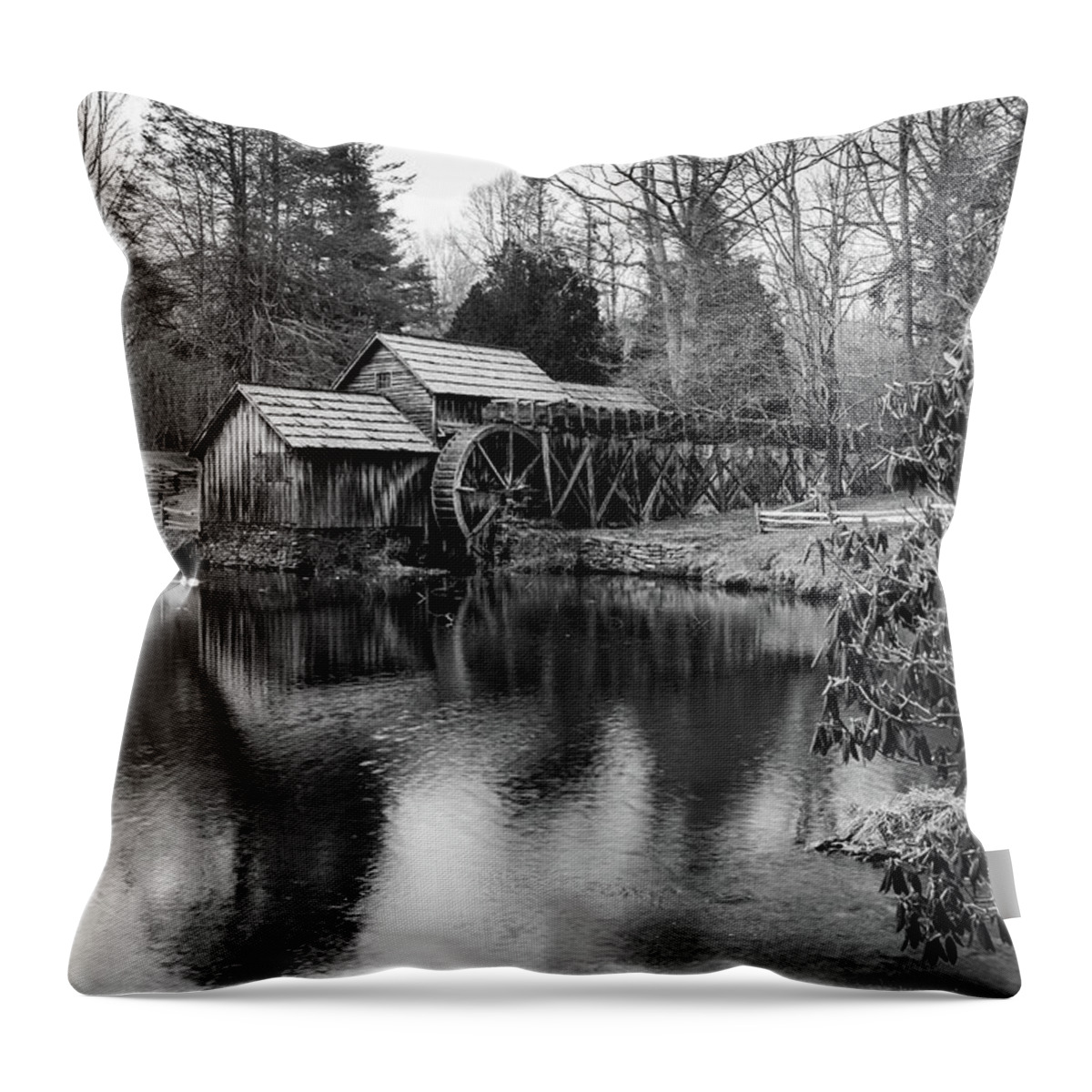 America Throw Pillow featuring the photograph Mabry Mill Landscape Along the Virginia Blue Ridge Parkway - Black and White by Gregory Ballos
