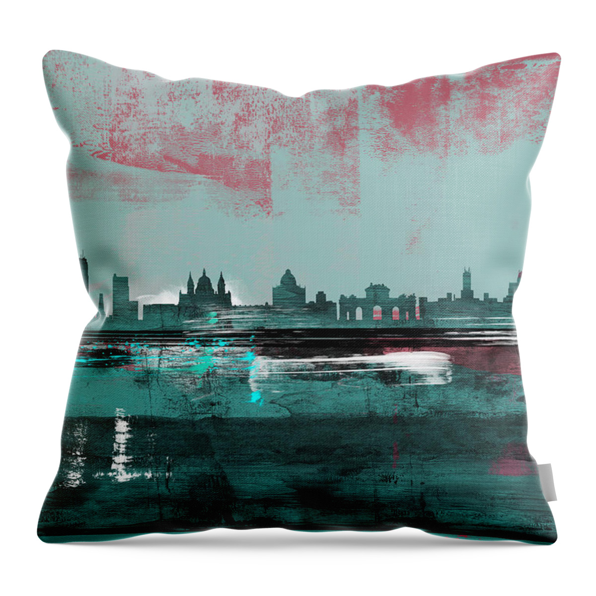 Madrid Throw Pillow featuring the mixed media Madrid Abstract Skyline by Naxart Studio