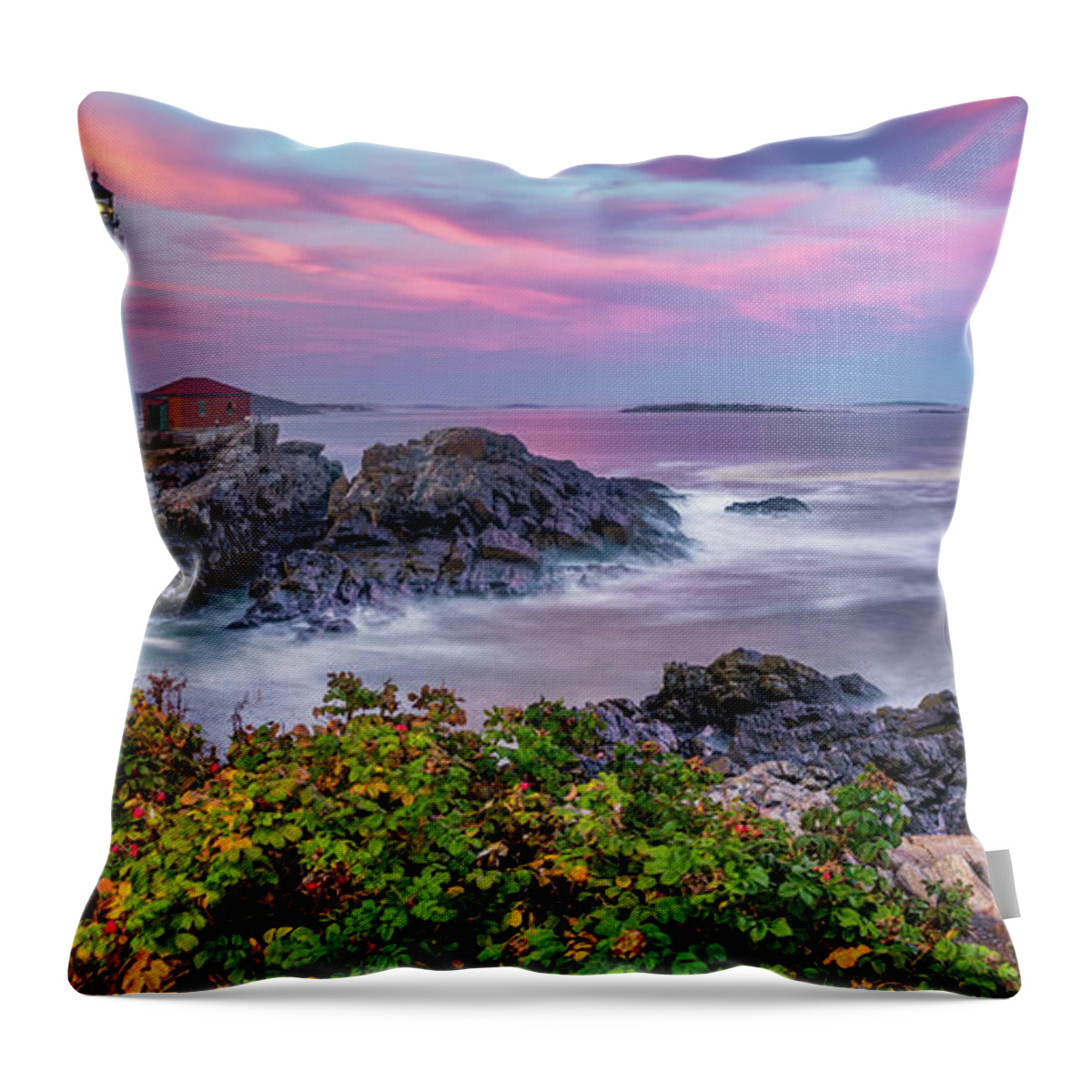America Throw Pillow featuring the photograph Maine's Portland Head Light - Cape Elizabeth Sunset Panorama by Gregory Ballos