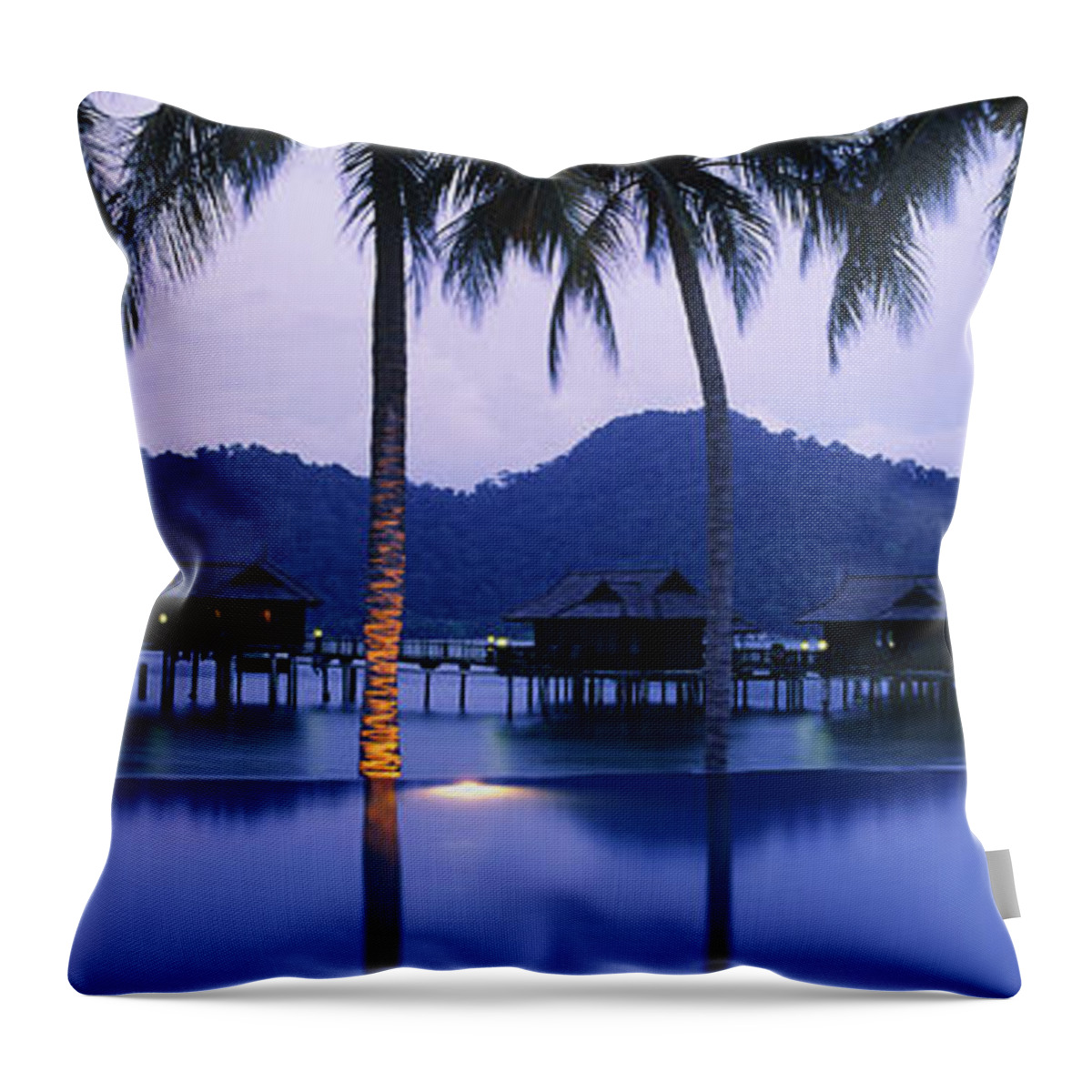 Fan Palm Tree Throw Pillow featuring the photograph Malaysia, Pangkor Laut Island, Dusk by Peter Adams
