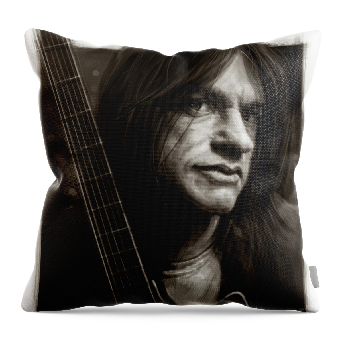 Malcolm Young Throw Pillow featuring the digital art Malcolm Young sketch portrait by Andre Koekemoer