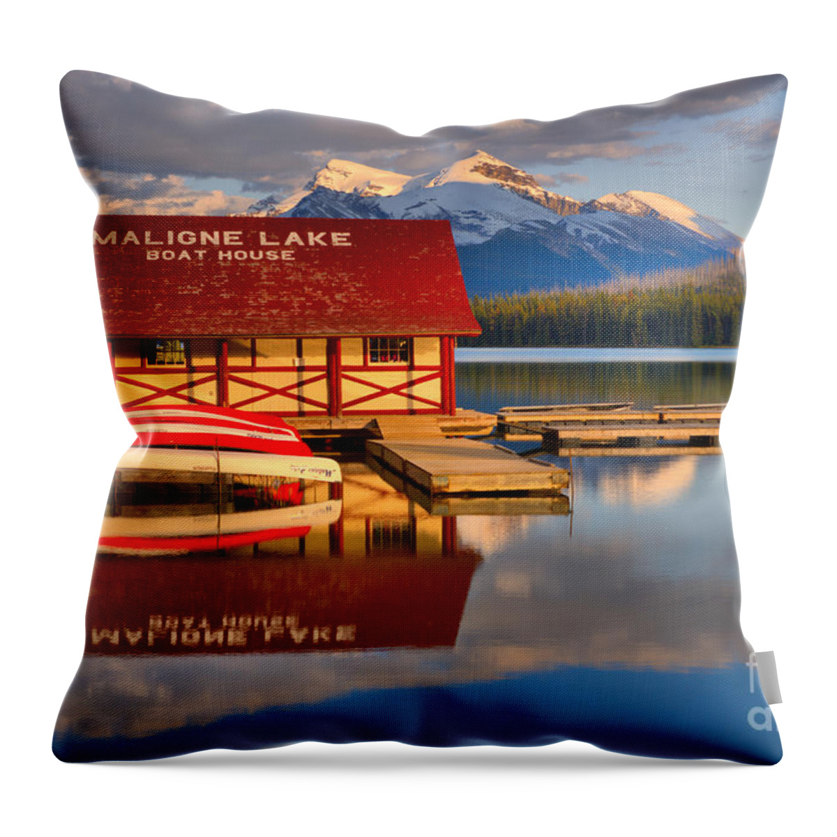 Maligne Throw Pillow featuring the photograph Maligne Lake Boathouse Summer Reflections by Adam Jewell