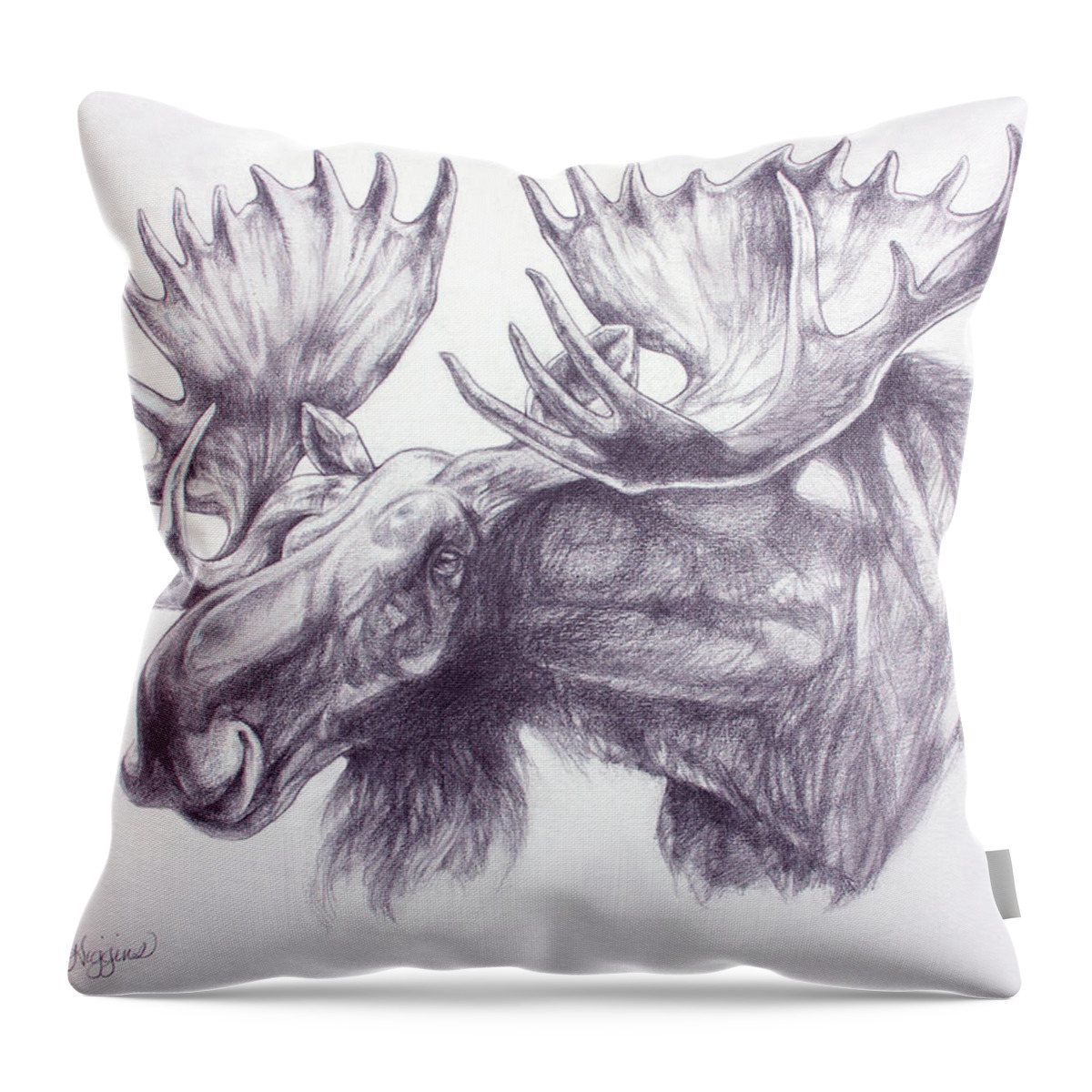 Moose Throw Pillow featuring the drawing Maligne Lake Moose by Derrick Higgins