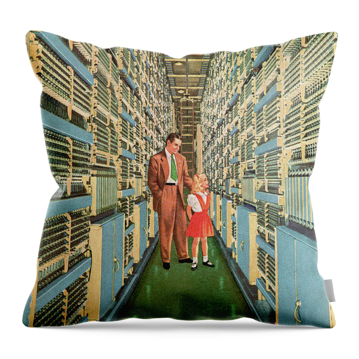 Adult Throw Pillow featuring the drawing Man and Girl Walking Through Aisle of Computers by CSA Images