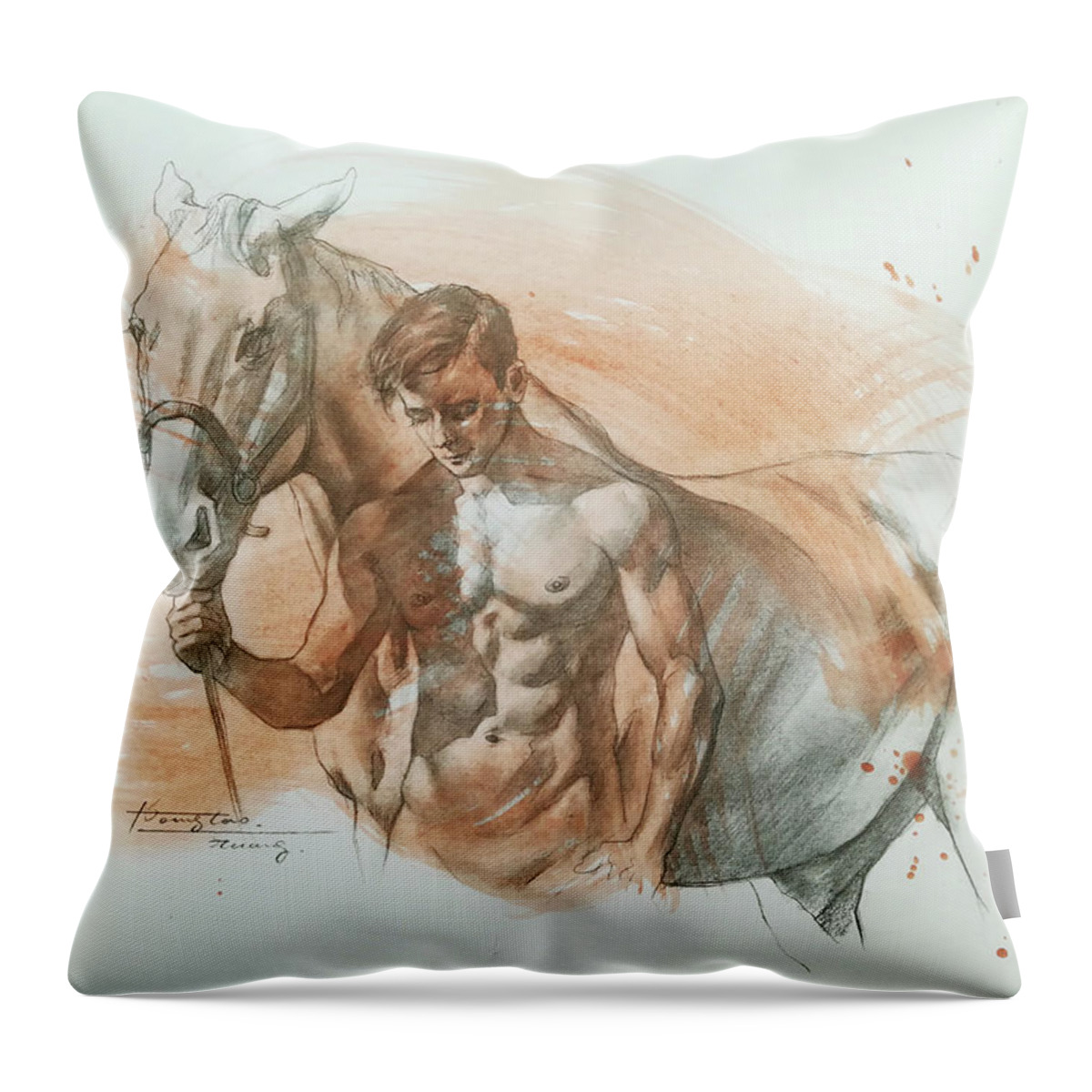 Drawing Throw Pillow featuring the drawing Man and horse#19228 by Hongtao Huang