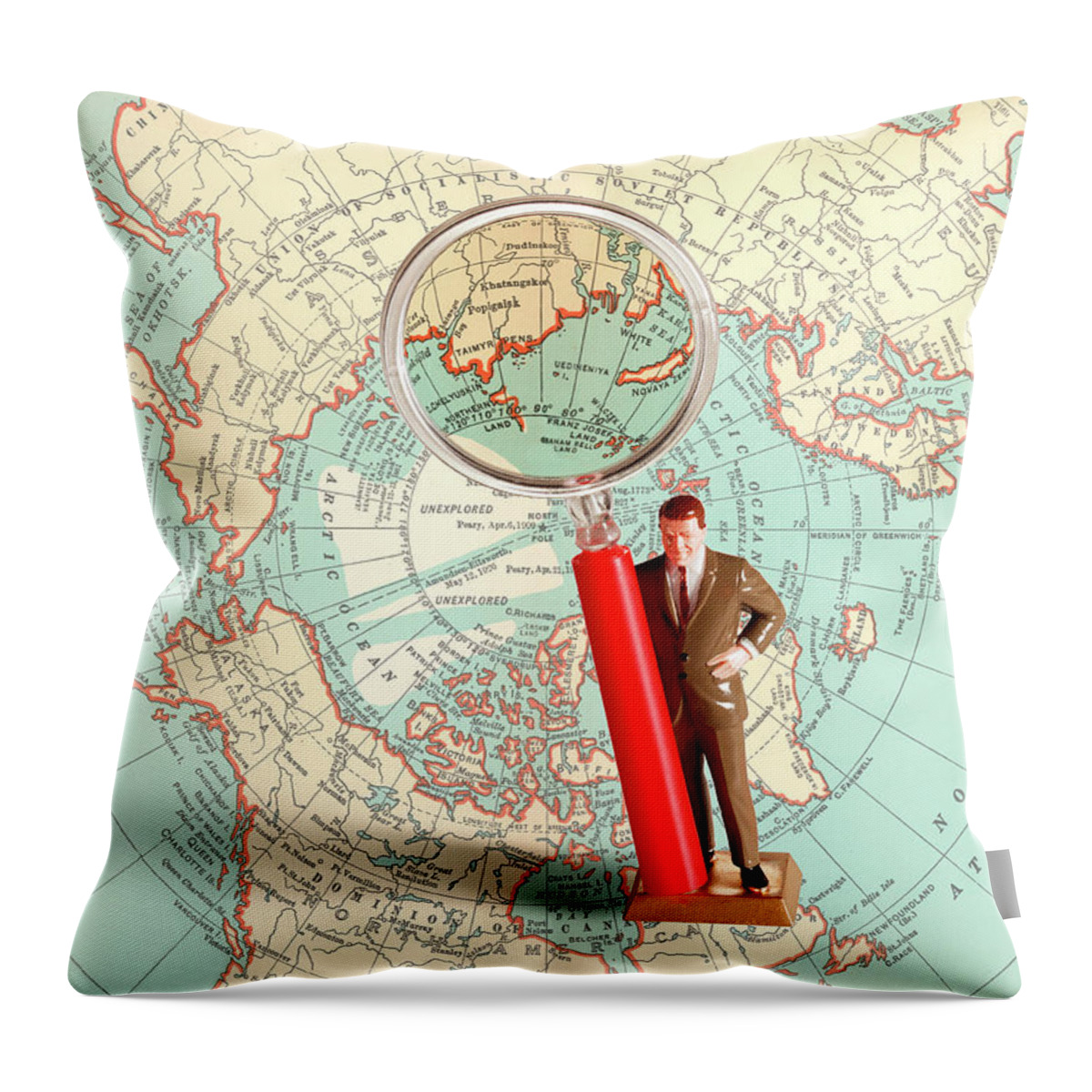 Adult Throw Pillow featuring the drawing Man and Magnifying Glass on Map by CSA Images
