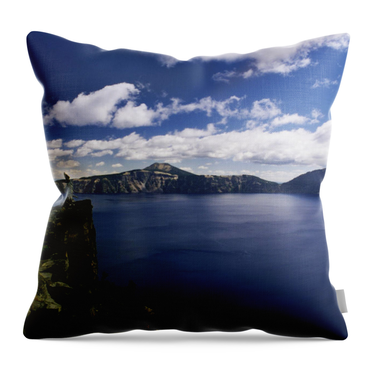 Scenics Throw Pillow featuring the photograph Man And Tree At The Edge Of Crater Lake by Danielle D. Hughson