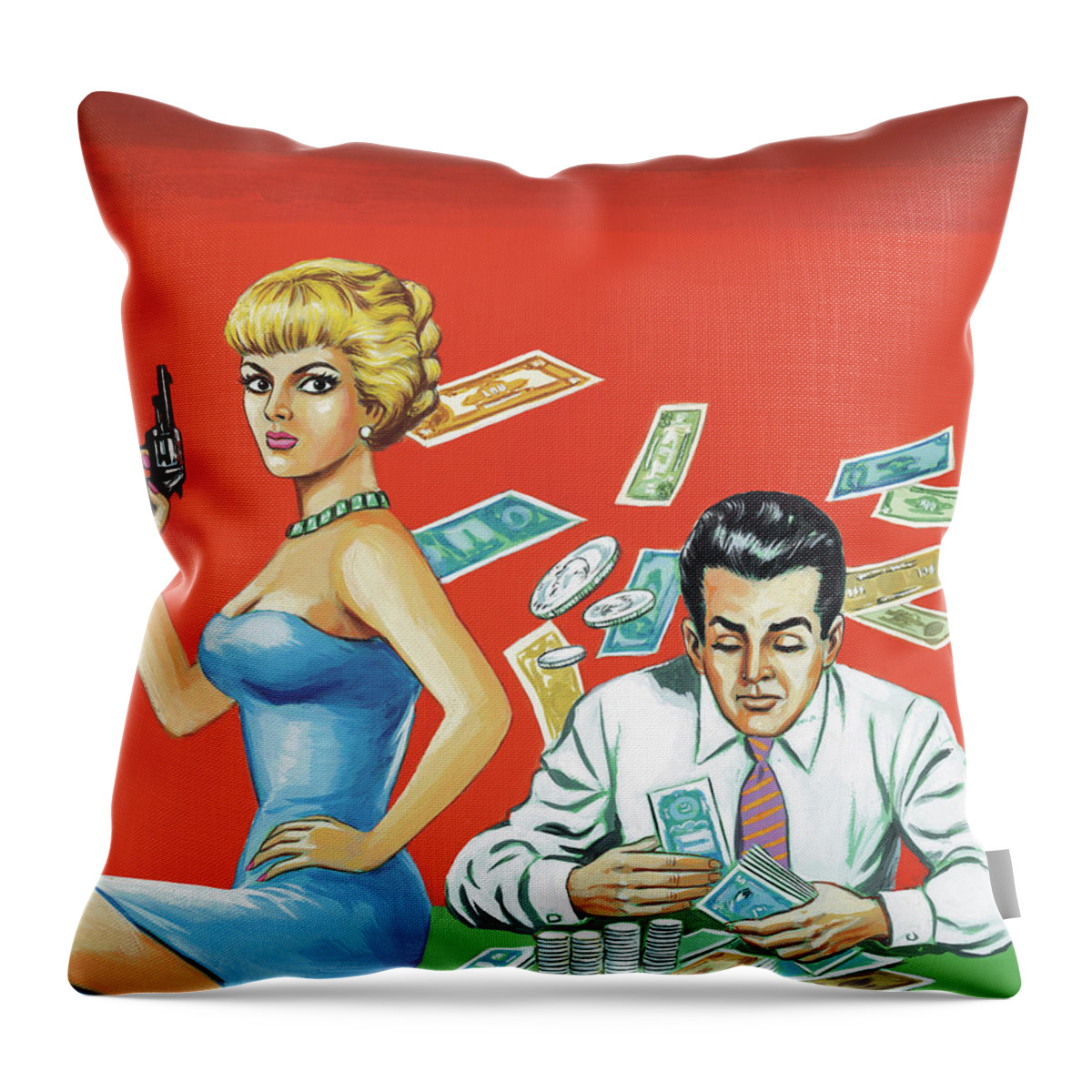 Addiction Throw Pillow featuring the drawing Man Counting Money and Woman with a Gun by CSA Images