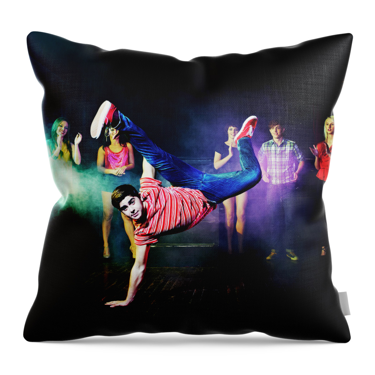 Young Men Throw Pillow featuring the photograph Man Dancing In Front Of A Crowd Of by Flashpop