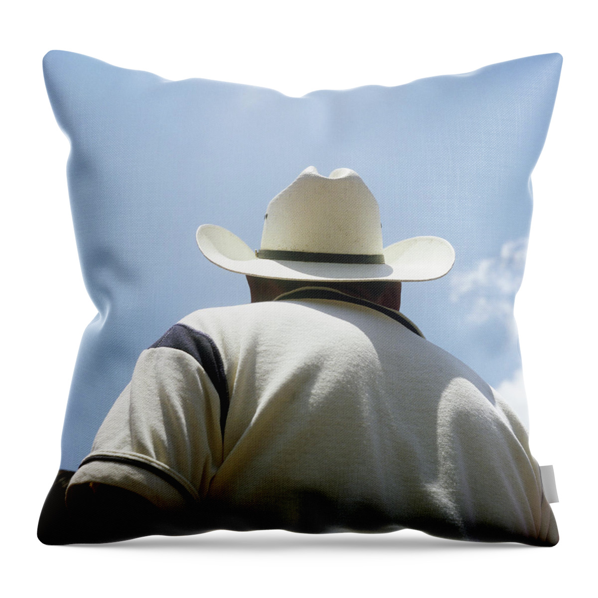 People Throw Pillow featuring the photograph Man In Cowboy Hat, Rear View by Russell Monk