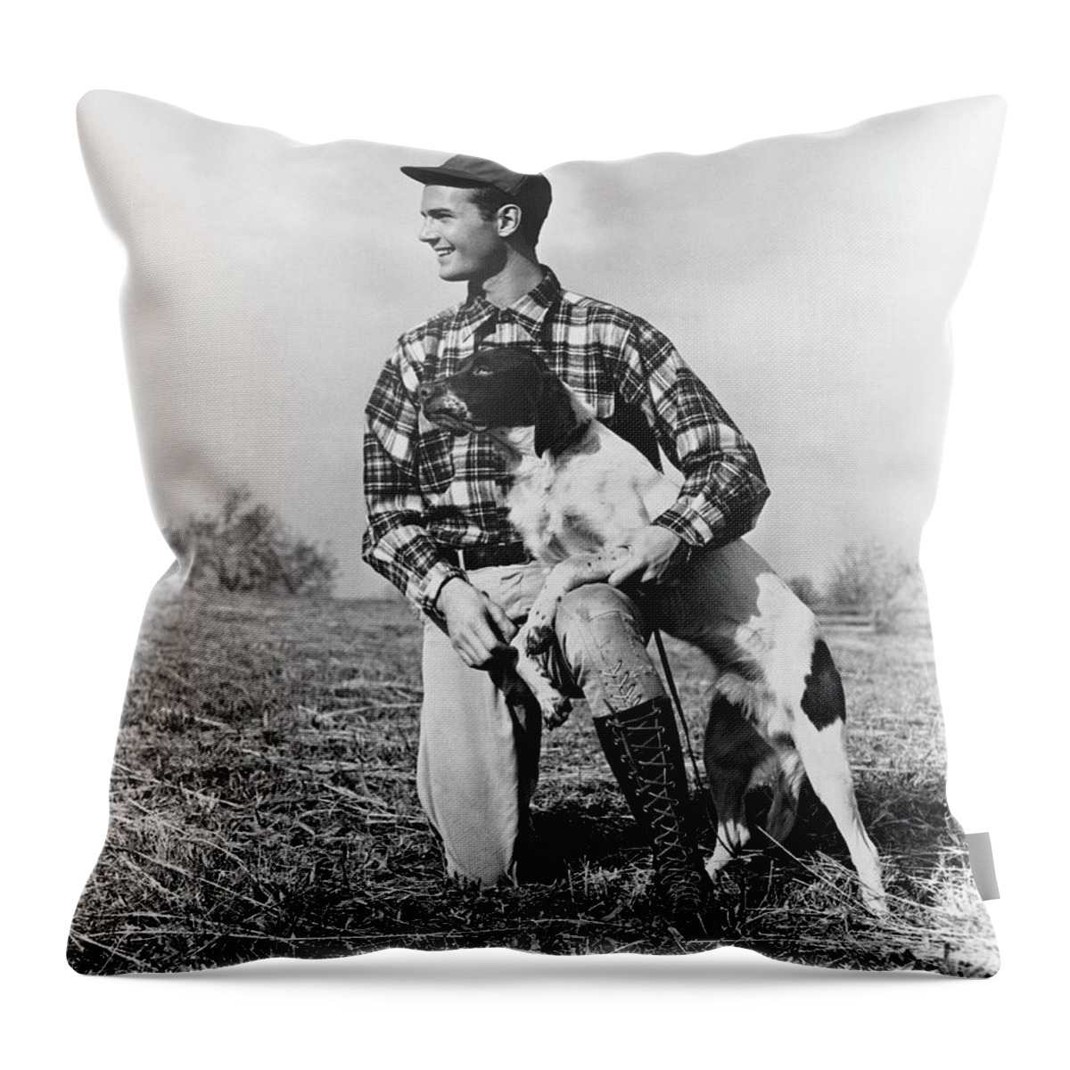 Pets Throw Pillow featuring the photograph Man Kneeling Down Next To Setter, Arm by H. Armstrong Roberts