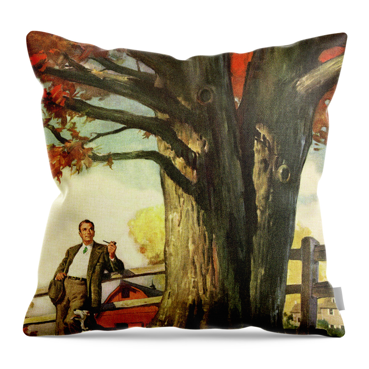 Adult Throw Pillow featuring the drawing Man Leaning on a Fence Near a Large Tree by CSA Images