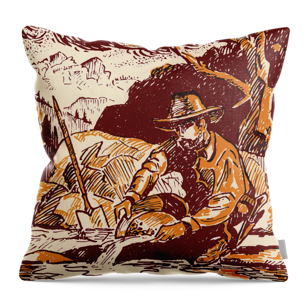 Accessories Throw Pillow featuring the drawing Man Panning For Gold by CSA Images