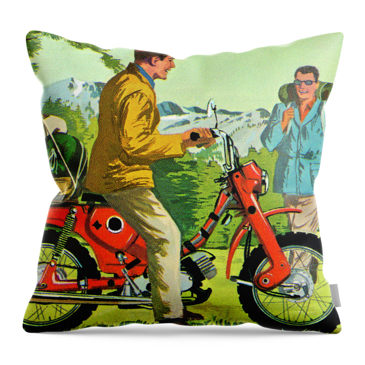 Adventure Throw Pillow featuring the drawing Man Riding a Motorcycle in the Mountains by CSA Images