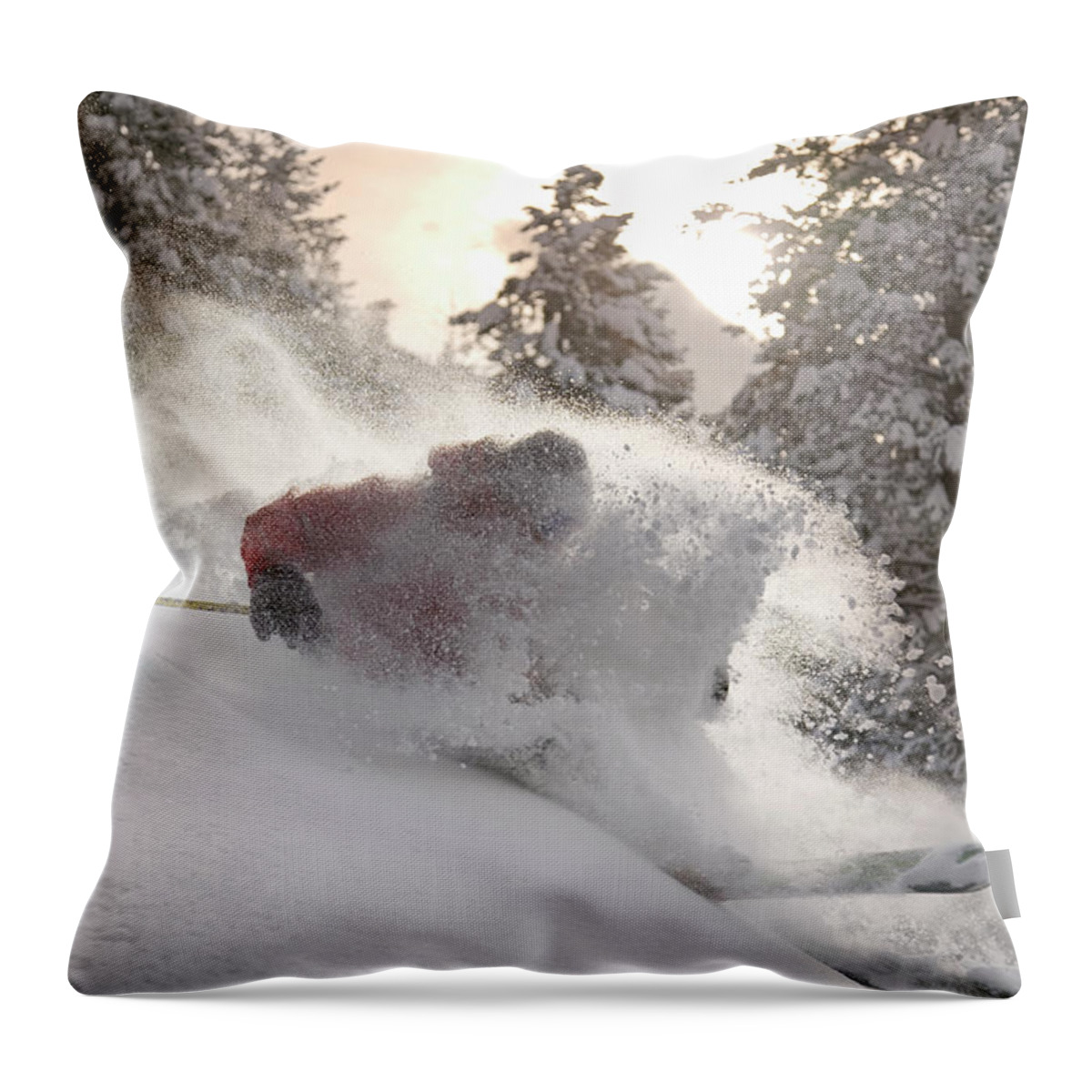 Skiing Throw Pillow featuring the photograph Man Skiing In Powder Snow, Side View by Karl Weatherly