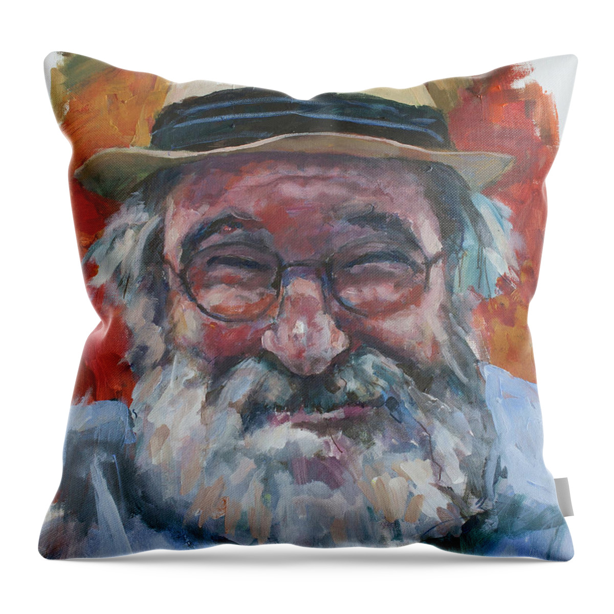 Portrait Throw Pillow featuring the painting Man with yellow hat by Maxim Komissarchik
