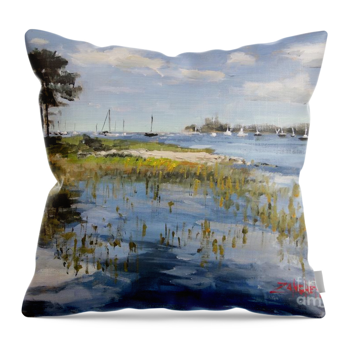 New Hampshire Throw Pillow featuring the painting Manchester by the Sea by Laura Lee Zanghetti