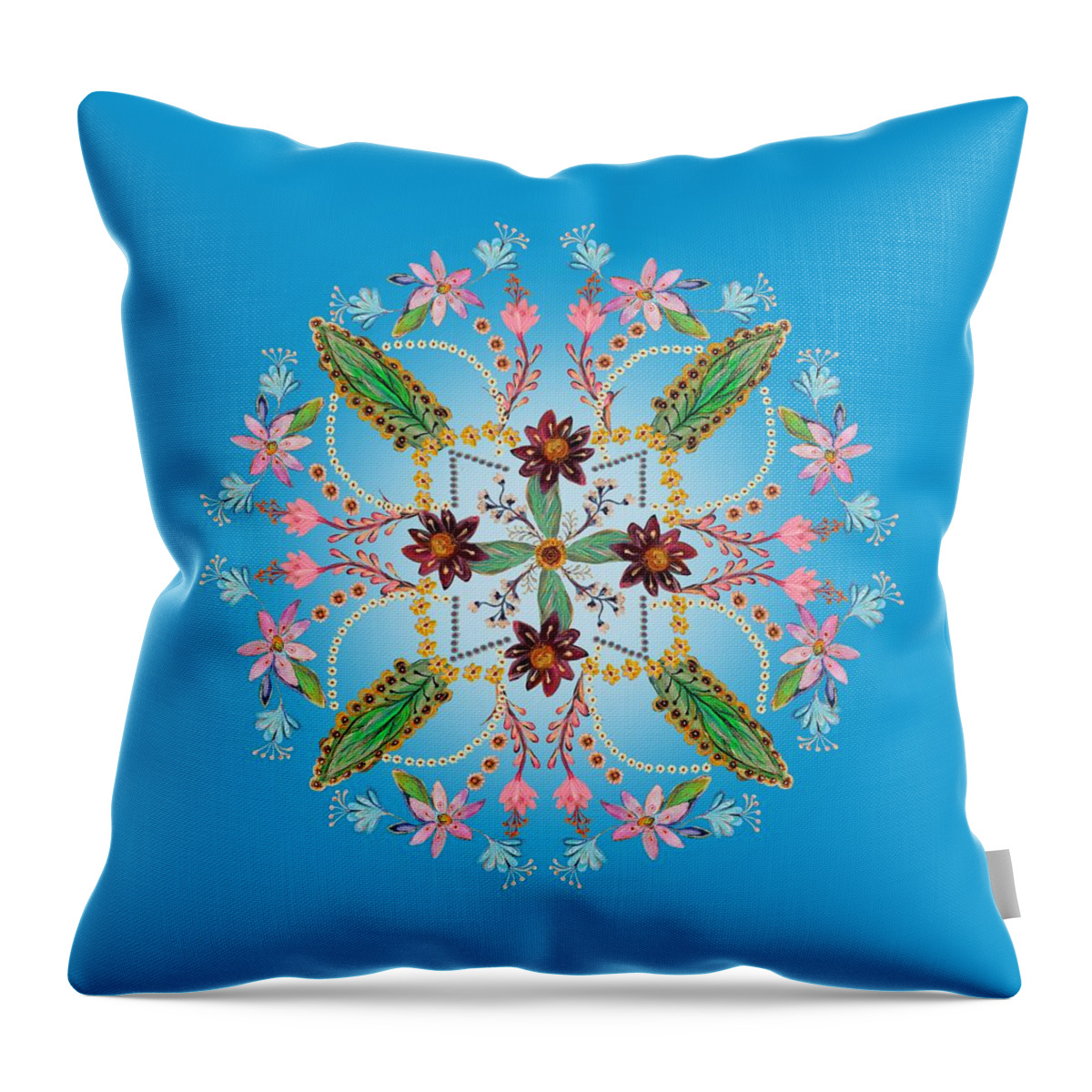 Mandala Throw Pillow featuring the painting Mandala flowering series #1. Blue by Elena Kotliarker