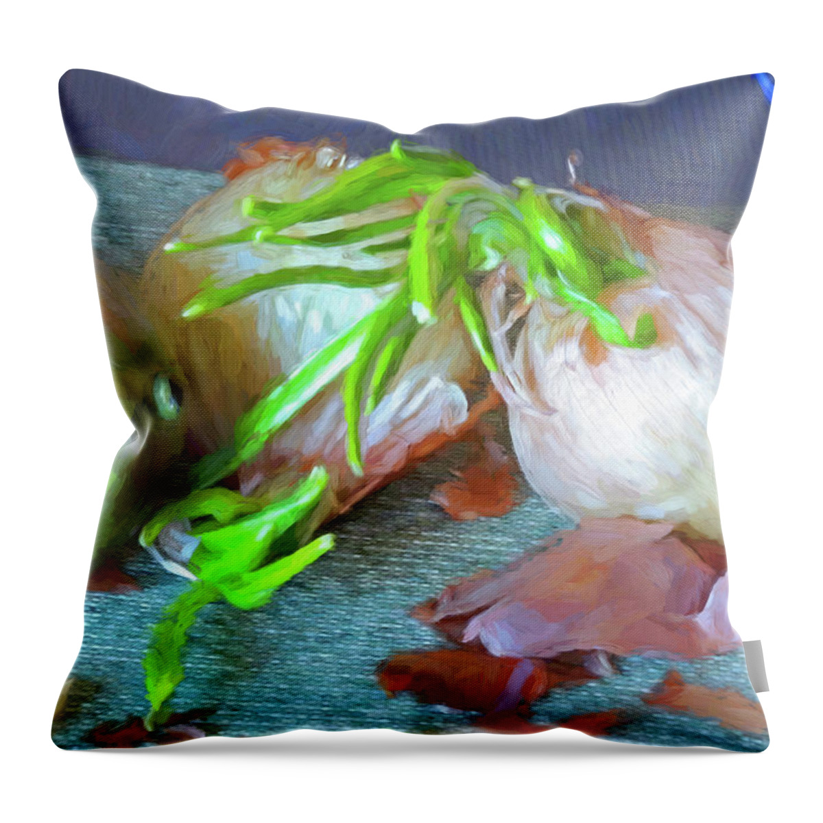 Kitchen Throw Pillow featuring the mixed media Mango and Two Onions by Lynda Lehmann
