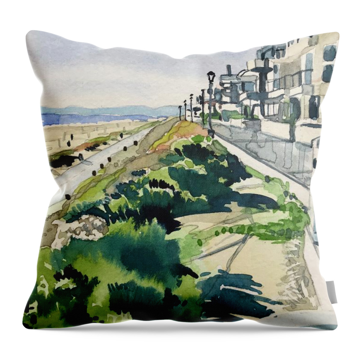 Manhattan Beach Throw Pillow featuring the painting Manhattan Beach the Strand on a Sunny day by Luisa Millicent