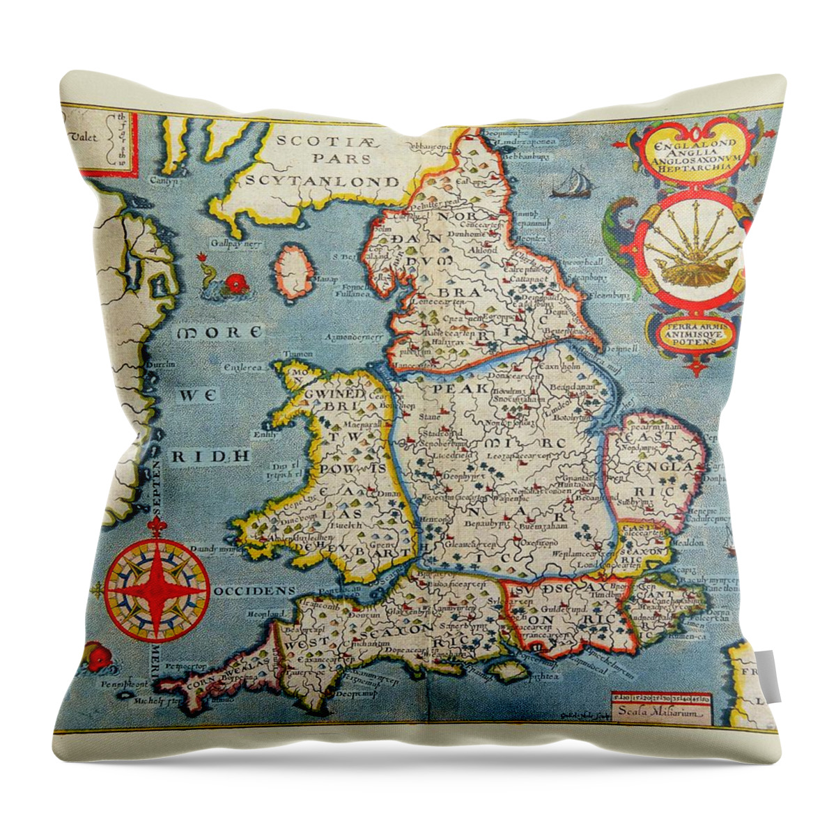 Map Of England Throw Pillow featuring the photograph Map Of England 1607 by Andrew Fare