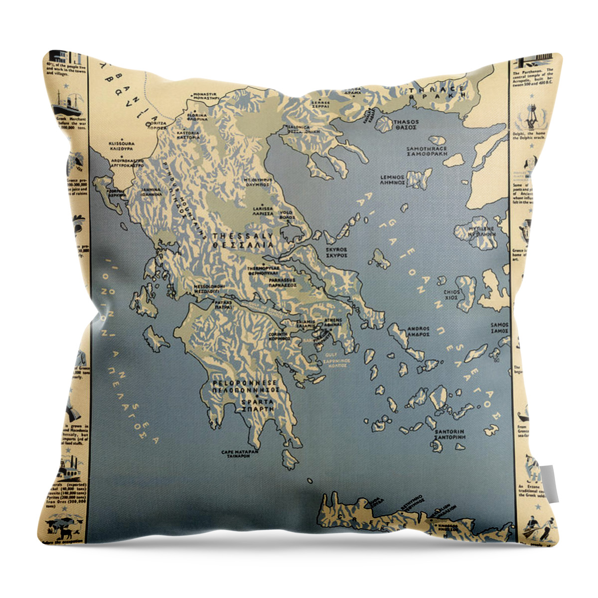 Map Of Greece Throw Pillow featuring the photograph Map Of Greece 1942 by Andrew Fare