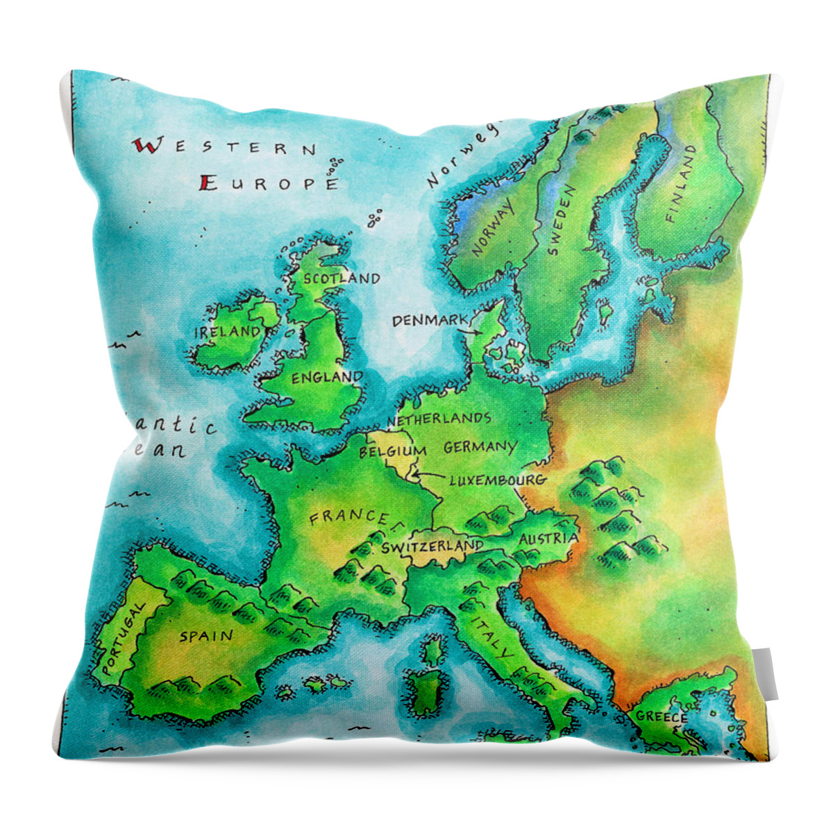 Watercolor Painting Throw Pillow featuring the digital art Map Of Western Europe by Jennifer Thermes