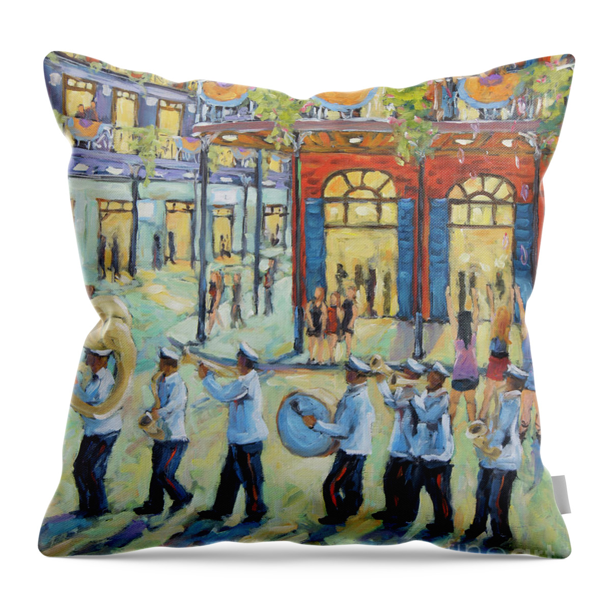 New Orleans Cityscape Scene Throw Pillow featuring the painting Mardi Gras in New Orleans by Richard T Pranke