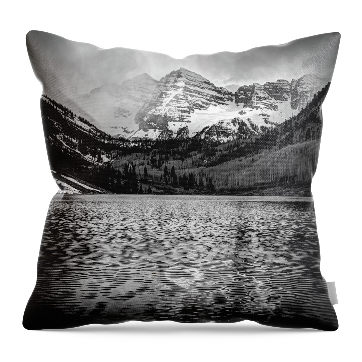 Maroon Bells Wall Art Throw Pillow featuring the photograph Maroon Bells Black and White 1x1 - Elk Mountain Colorado Landscape by Gregory Ballos
