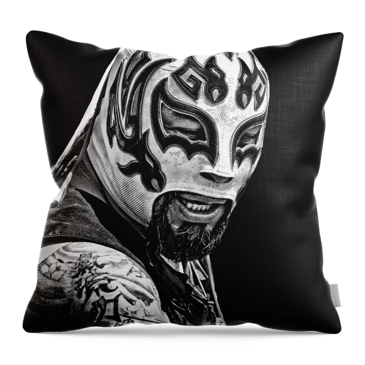 Masked Luchador Throw Pillow featuring the photograph Masked Luchador Estilo Rudo black and white version by Jim Fitzpatrick