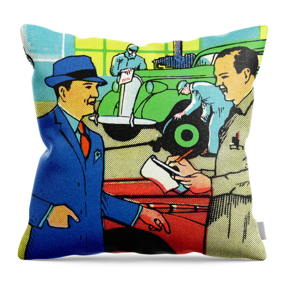 Attendant Throw Pillow featuring the drawing Men in a Machanic's Shop by CSA Images