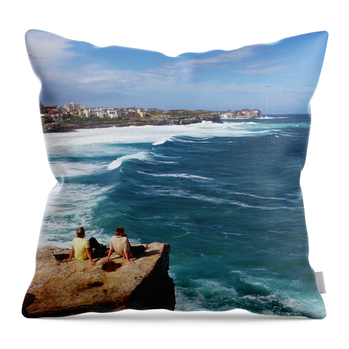 Scenics Throw Pillow featuring the photograph Men On Sea Rocks At Bronte Beach by Oliver Strewe