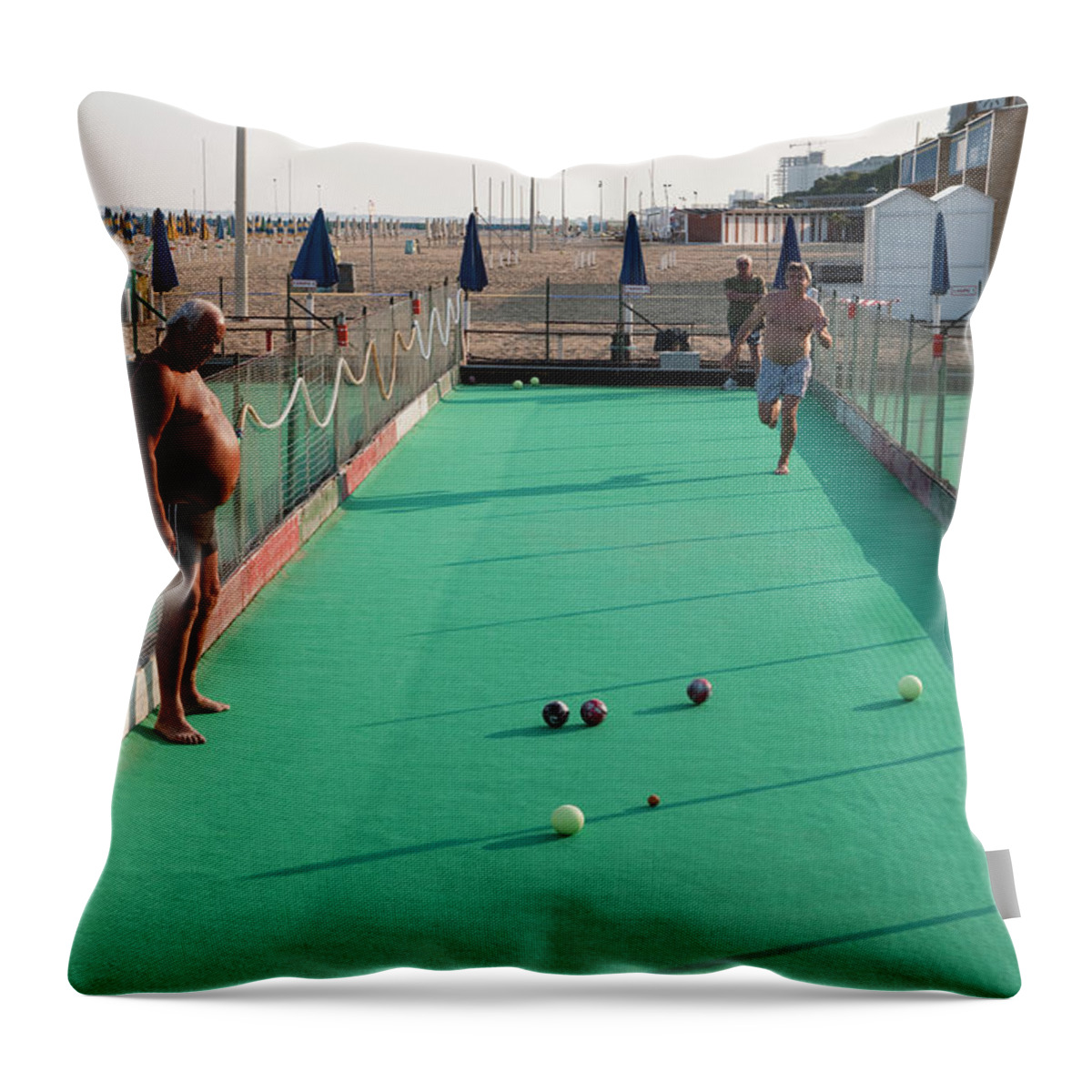 Mature Adult Throw Pillow featuring the photograph Men Play Boccia At Beach by Holger Leue