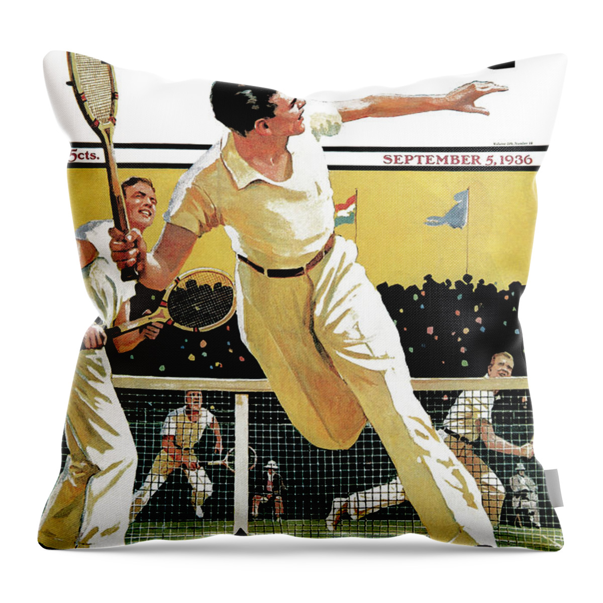 Racquet Throw Pillow featuring the painting Men Play Tennis by Maurice Lincoln Bower