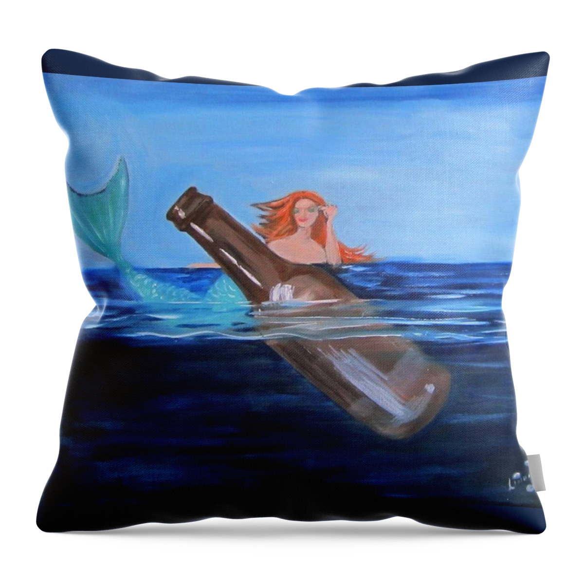 Cocktail Throw Pillow featuring the painting Mermaid and Beer by Linda Cabrera