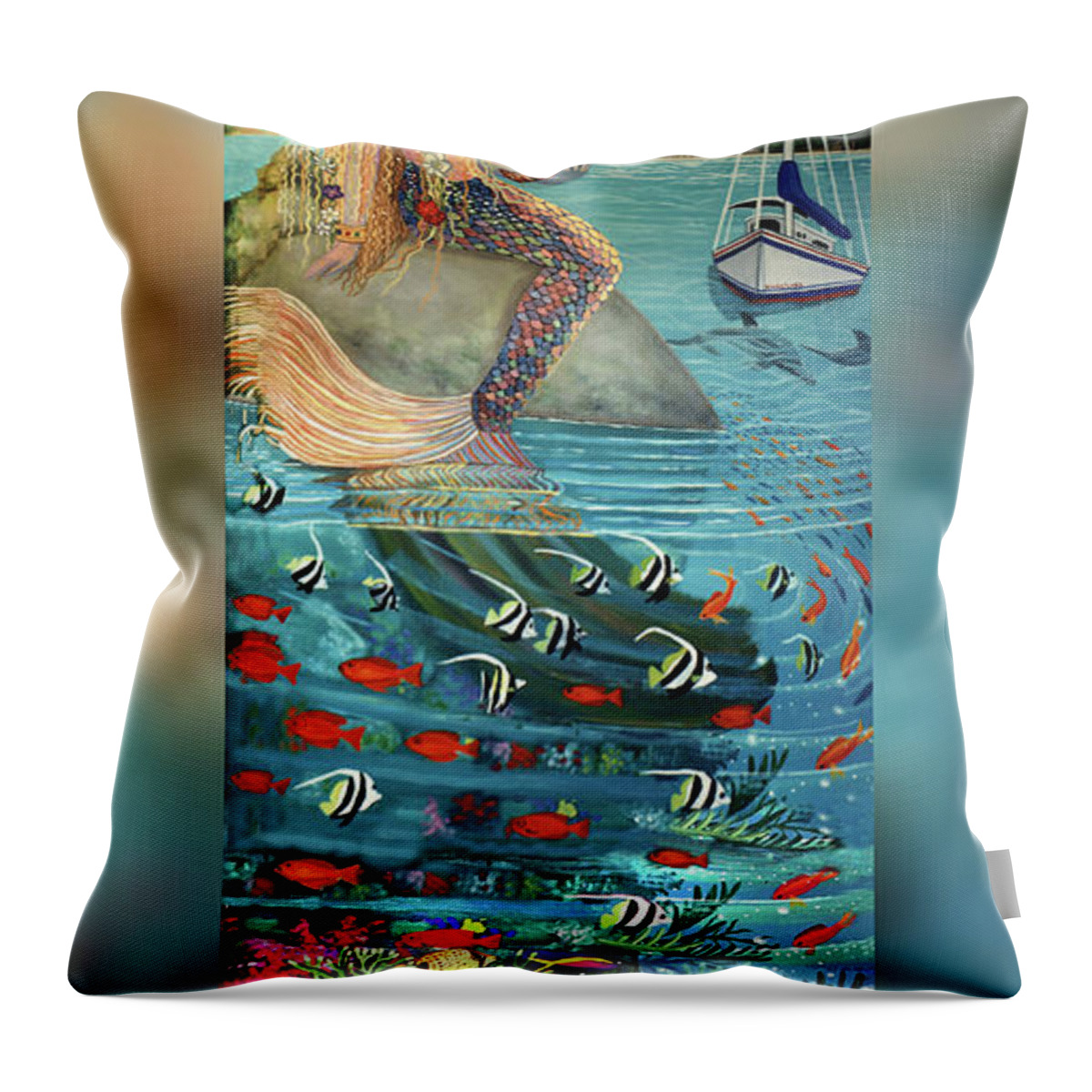  Throw Pillow featuring the painting Mermaid in Paradise Towel Version #1 by Bonnie Siracusa