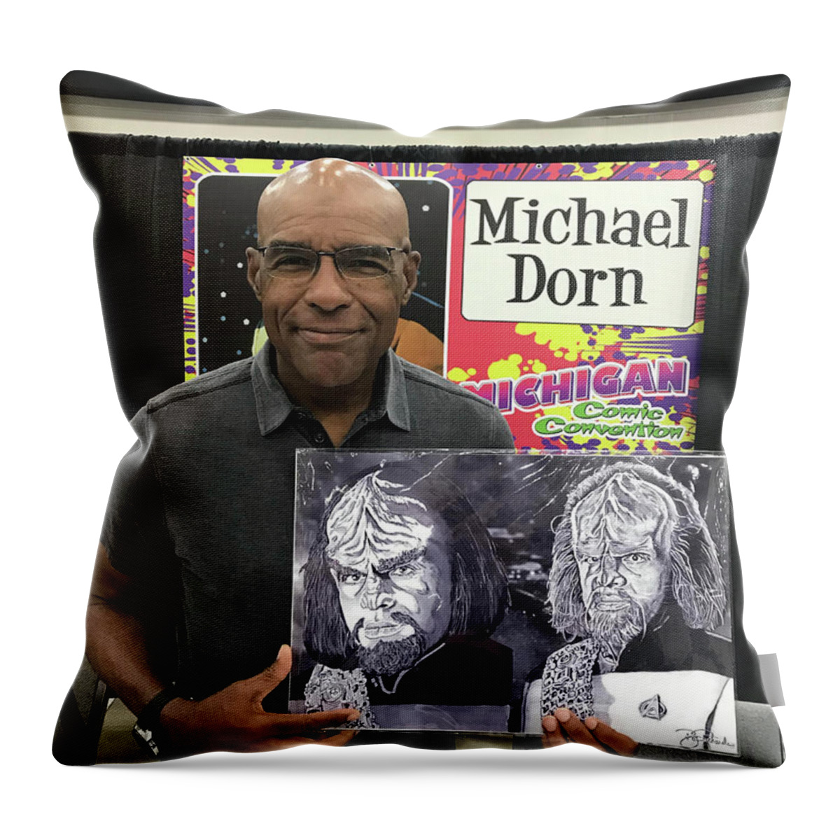 Michael Throw Pillow featuring the photograph Michael Dorn with Artwork by Bill Richards