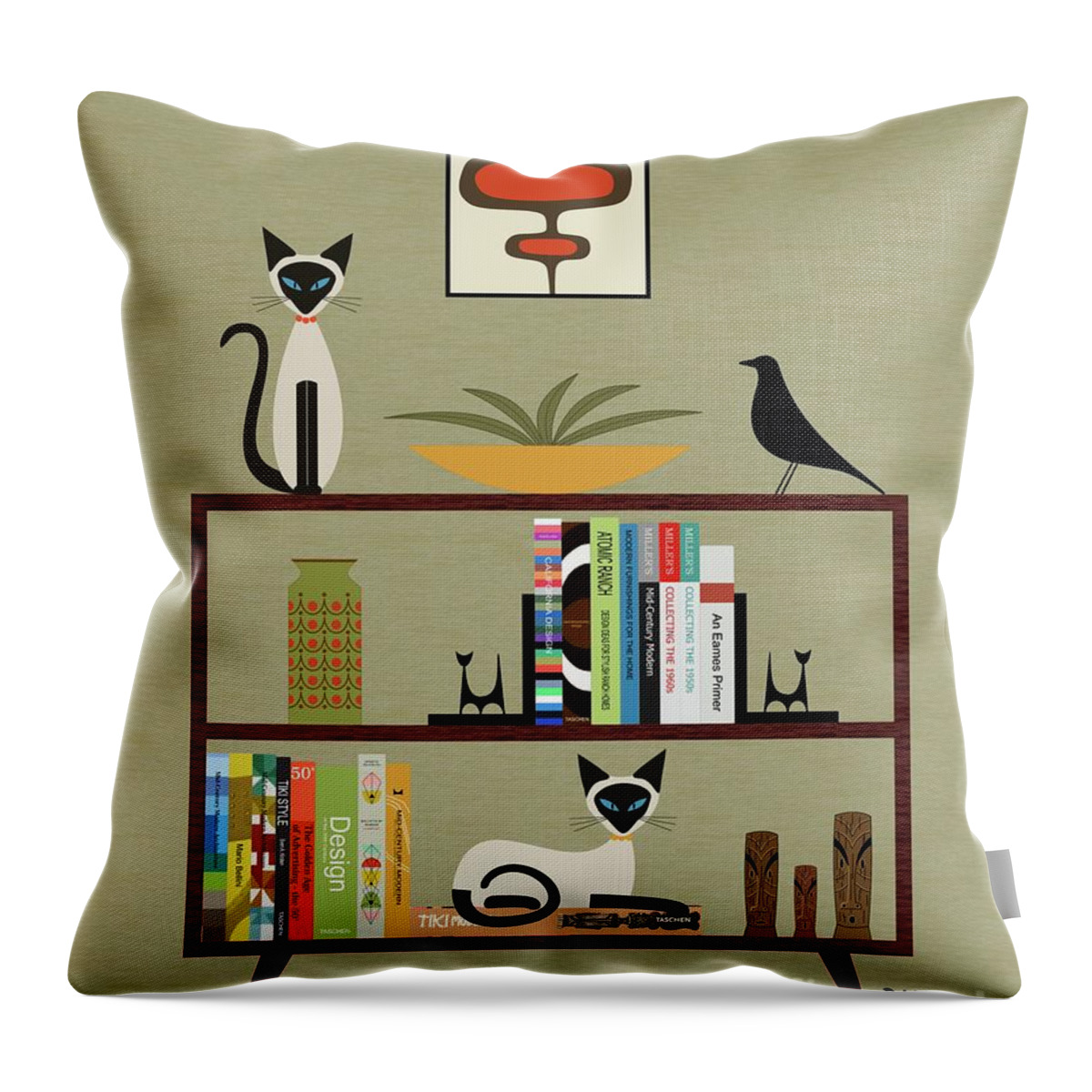 Mid Century Modern Throw Pillow featuring the digital art Mid Century Bookcase with Siamese by Donna Mibus