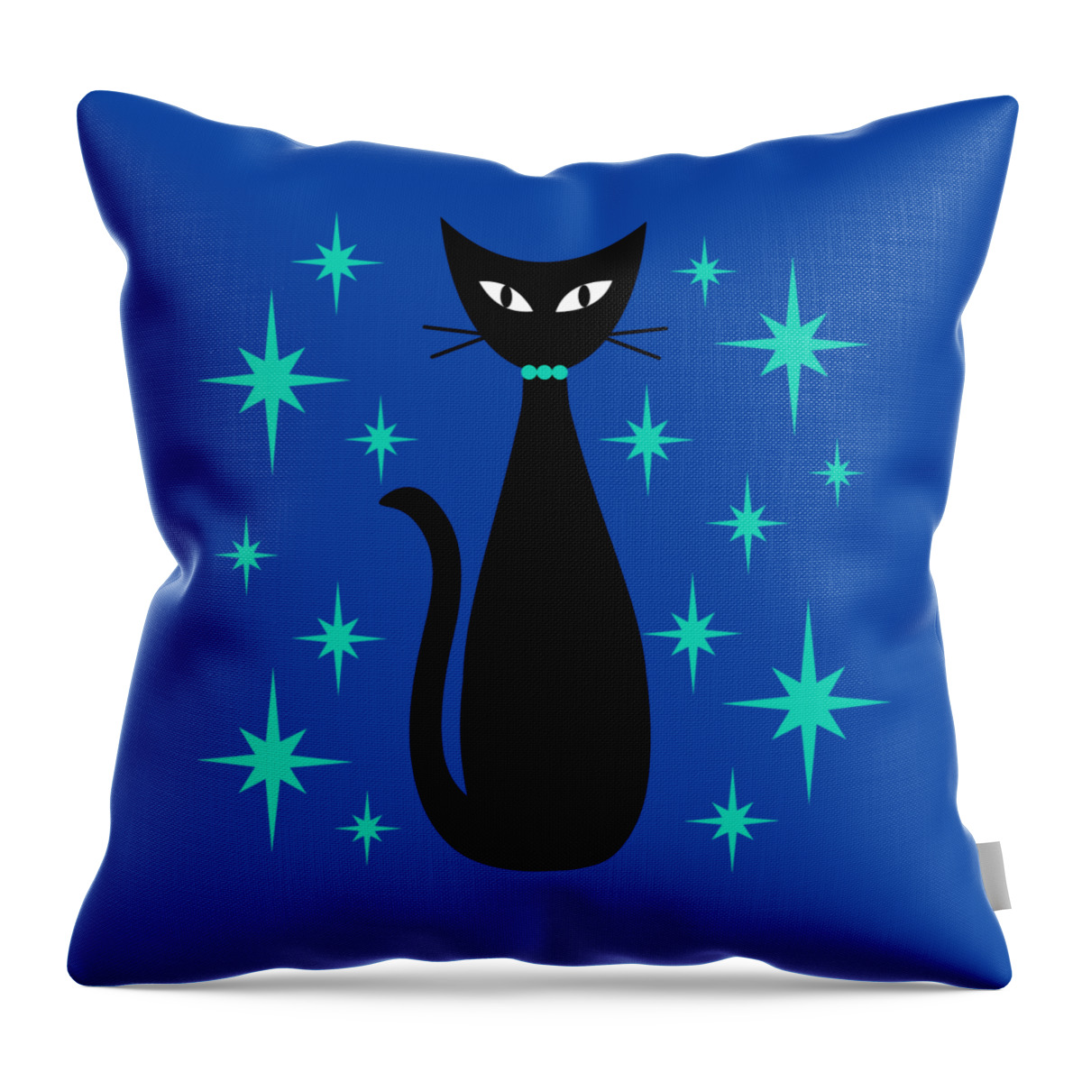 Mid Century Modern Throw Pillow featuring the digital art Mid Century Cat with Aqua Starbursts by Donna Mibus