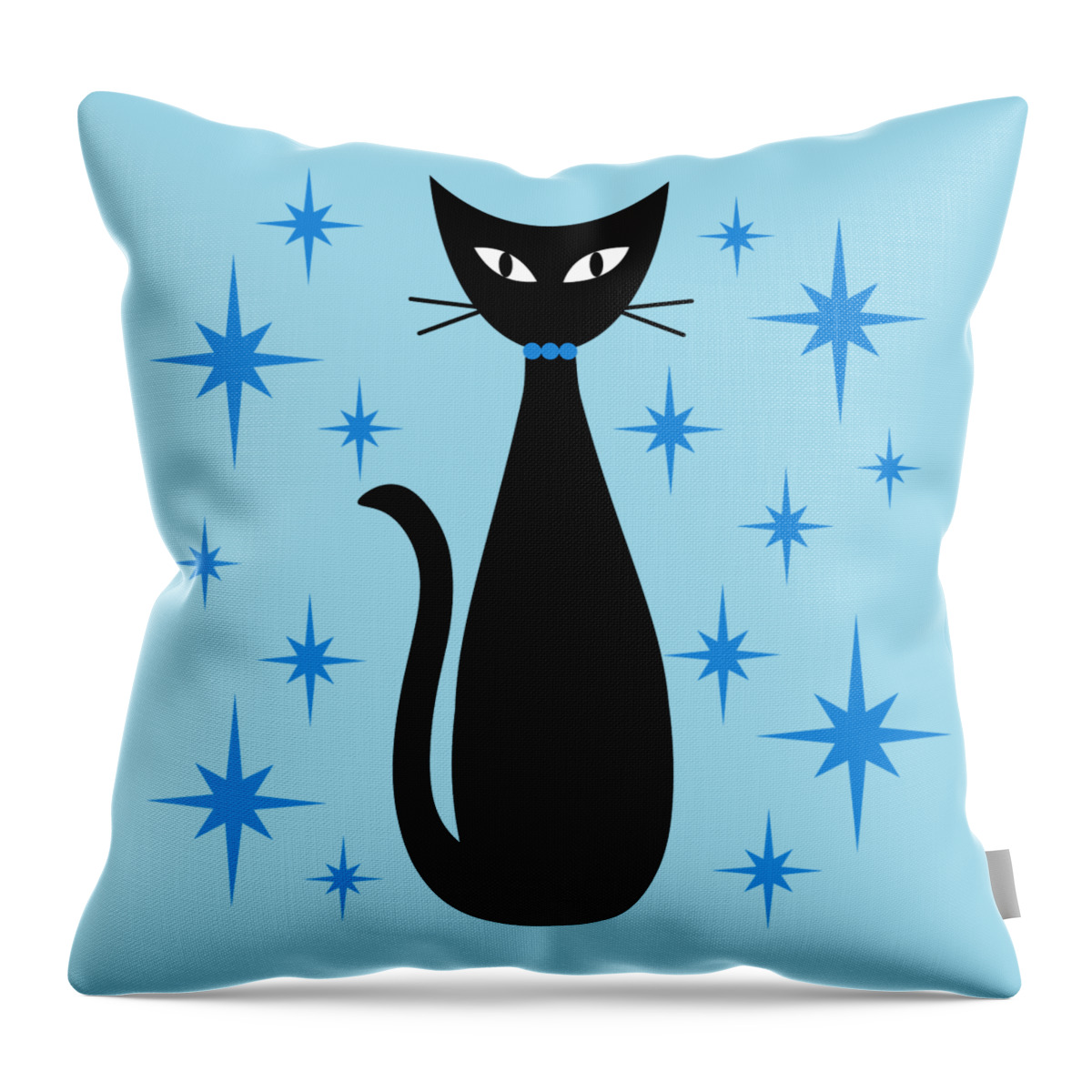 Mid Century Modern Throw Pillow featuring the digital art Mid Century Cat with Blue Starbursts by Donna Mibus