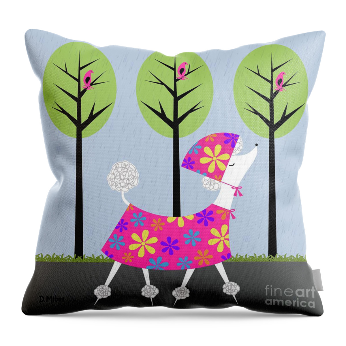 Mid Century Modern Throw Pillow featuring the digital art Mid Century White Poodle Spring by Donna Mibus