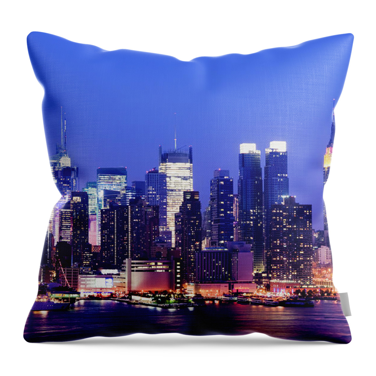 Water's Edge Throw Pillow featuring the photograph Midtown Manhattan City Skyline At Night by Deejpilot