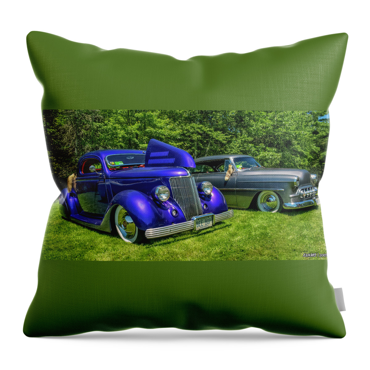 1936 Throw Pillow featuring the digital art Mild Customs 1936 Ford and 1953 Chevy by Ken Morris